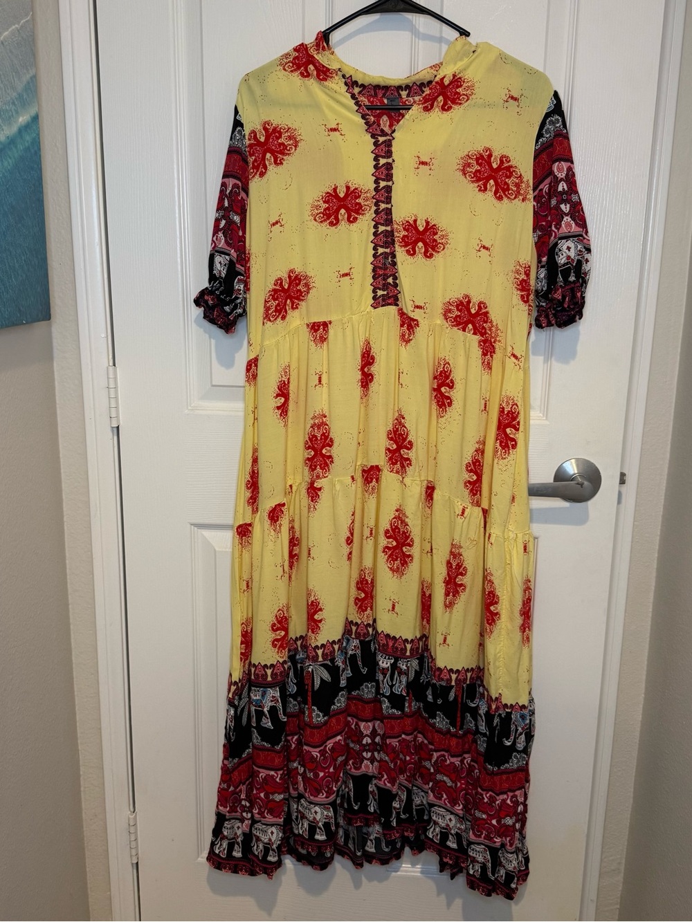 Yellow Maxi Dress with Red and Black Paisley Border